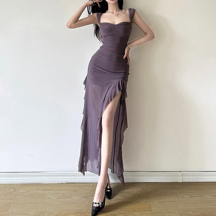 Purple Mesh Ruffle Slit Midi Dress - Vedlit