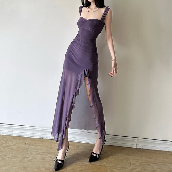 Purple Mesh Ruffle Slit Midi Dress - Vedlit