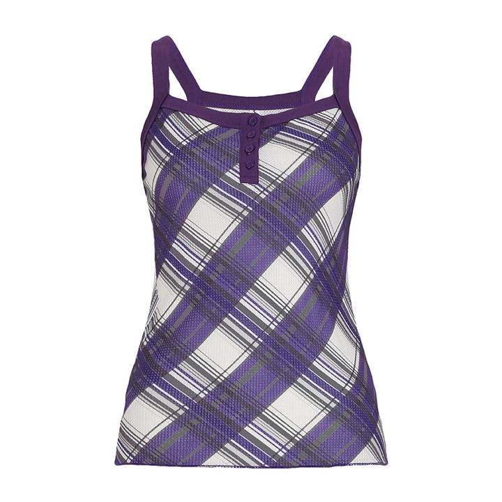 Purple Plaid Button Tank Top Y2K Aesthetic Streetwear - Vedlit