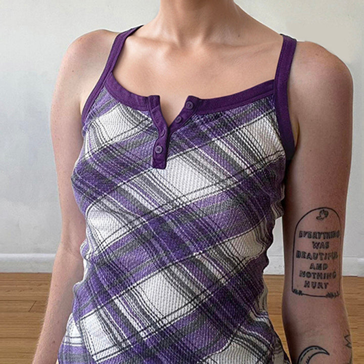 Purple Plaid Button Tank Top Y2K Aesthetic Streetwear - Vedlit
