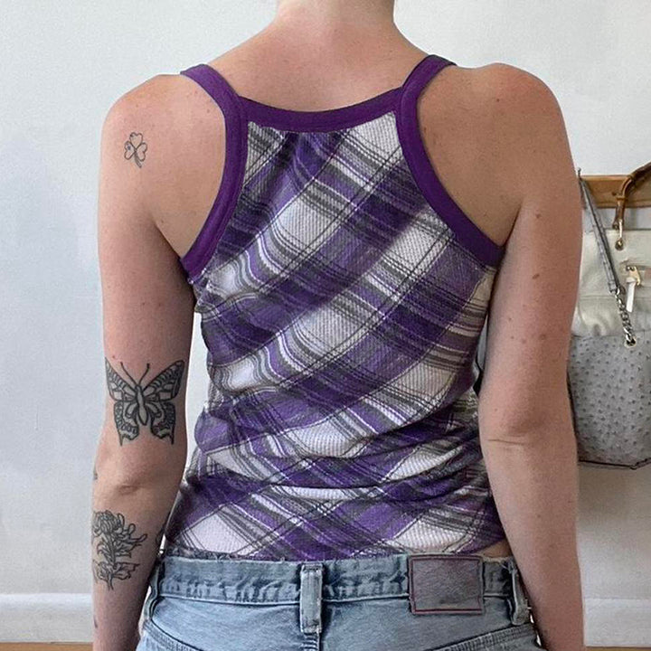 Purple Plaid Button Tank Top Y2K Aesthetic Streetwear - Vedlit