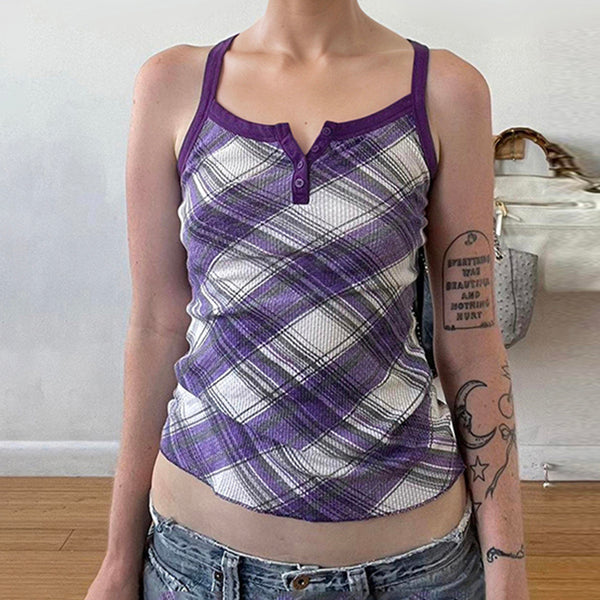 Purple Plaid Button Tank Top Y2K Aesthetic Streetwear - Vedlit