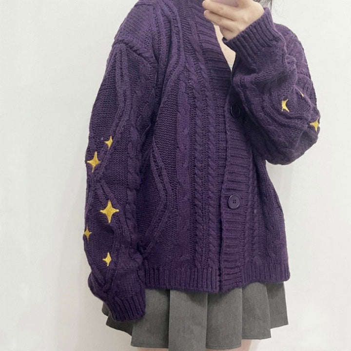 Star Embroidery Purple Cardigan - Vedlit