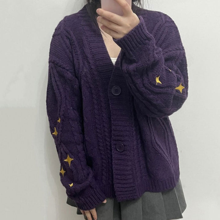 Star Embroidery Purple Cardigan - Vedlit