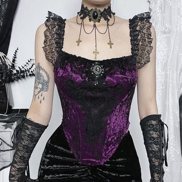 Purple Victorian Gothic Lace Velvet Crop Top - Vedlit