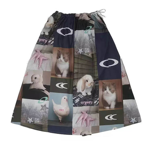 Rabbit & Cat Print Aesthetic Midi Skirt - Vedlit