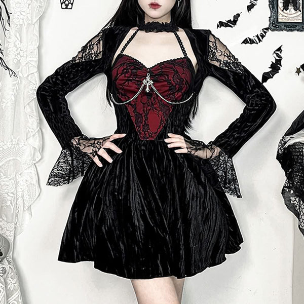 Red And Black Gothic Long Sleeve Mini Dress - Vedlit