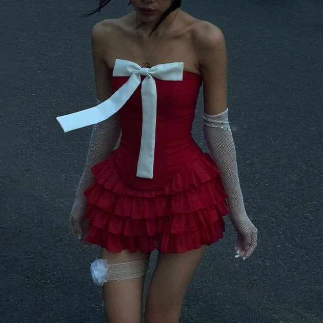 Flirty Babe Bow Dress in Red - Vedlit