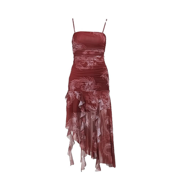 Red Dragon Ruffle Asymmetrical Midi Dress - Vedlit