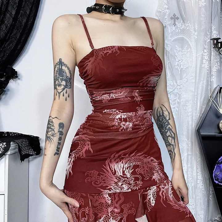 Red Dragon Ruffle Asymmetrical Midi Dress - Vedlit