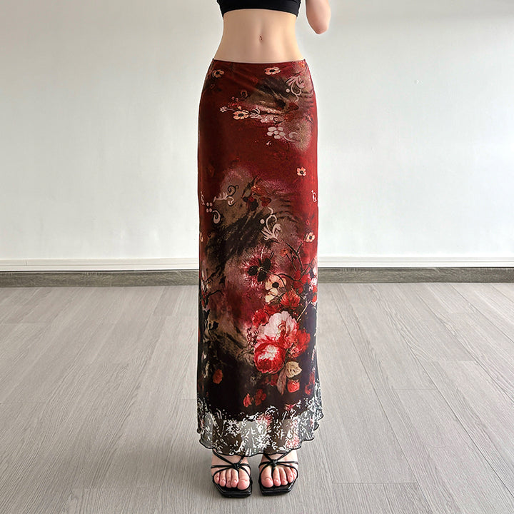 Red Floral Mesh Maxi Skirt with Vintage Ombre Print - Vedlit