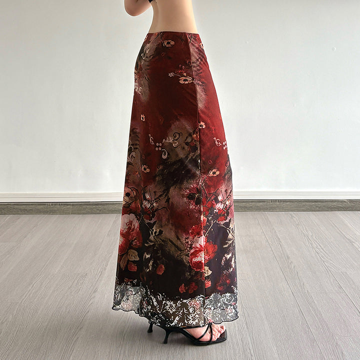 Red Floral Mesh Maxi Skirt with Vintage Ombre Print - Vedlit