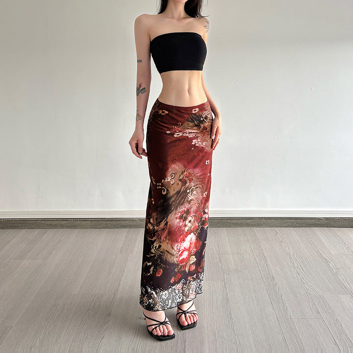 Red Floral Mesh Maxi Skirt with Vintage Ombre Print - Vedlit