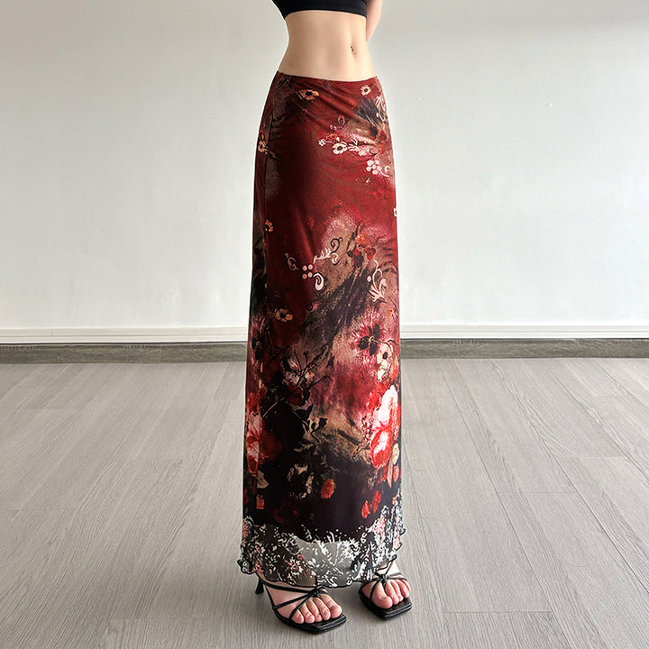 Red Floral Mesh Maxi Skirt with Vintage Ombre Print - Vedlit
