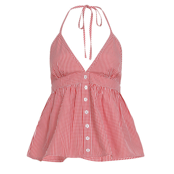 Red Gingham Halter Top with Button Front Detail - Vedlit