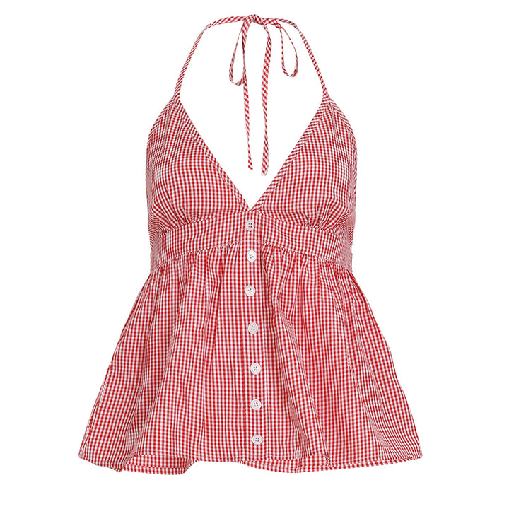 Red Gingham Halter Top with Button Front Detail - Vedlit