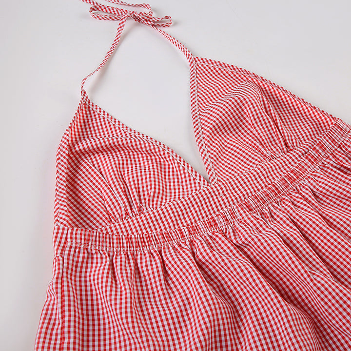 Red Gingham Halter Top with Button Front Detail - Vedlit