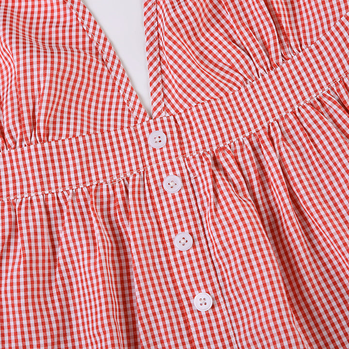 Red Gingham Halter Top with Button Front Detail - Vedlit