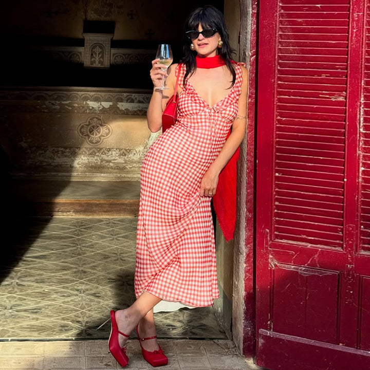 Red Gingham Ruffle Strap Maxi Dress Summer Vintage Look - Vedlit