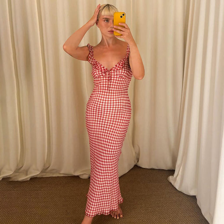 Red Gingham Ruffle Strap Maxi Dress Summer Vintage Look - Vedlit