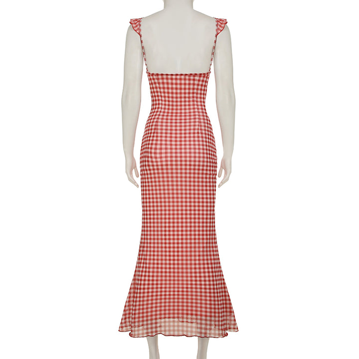Red Gingham Ruffle Strap Maxi Dress Summer Vintage Look - Vedlit
