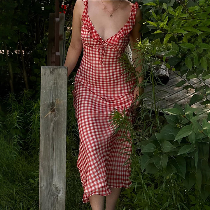 Red Gingham Ruffle Strap Maxi Dress Summer Vintage Look - Vedlit