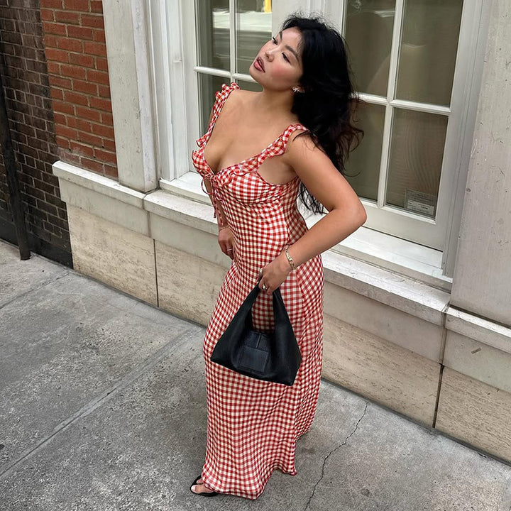 Red Gingham Ruffle Strap Maxi Dress Summer Vintage Look - Vedlit