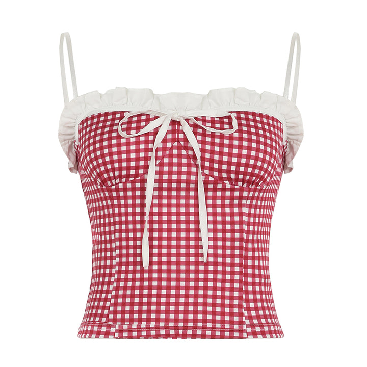 Red Gingham Ruffle Trim Lace-Up Cami Top - Vedlit