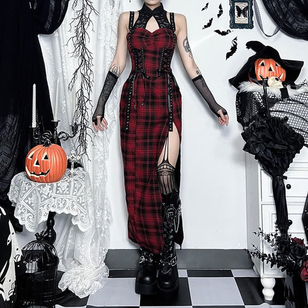 Red Gothic Punk Plaid Slit Maxi Dress - Vedlit