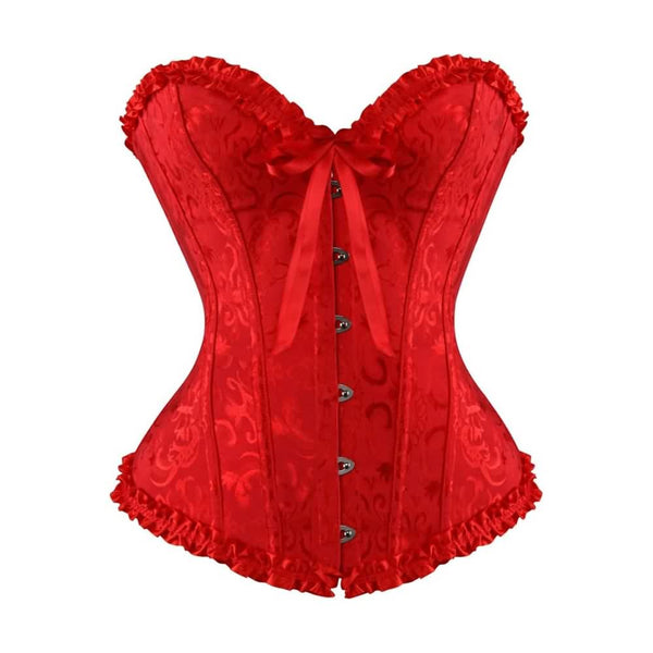 Red Gothic Ruffle Trim Hourglass Overbust Corset - Vedlit