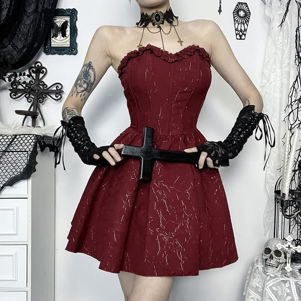 Red Gothic Strapless Corset Mini Dress - Vedlit