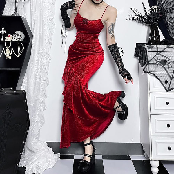 Red Gothic Velvet Ruffle Maxi Dress - Vedlit