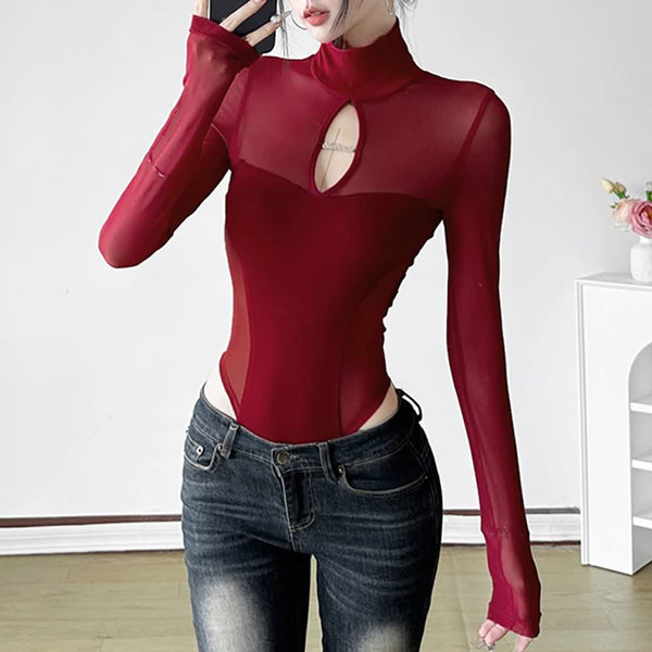 Red Mesh High Neck Cut Out Long Sleeve Bodysuit - Vedlit