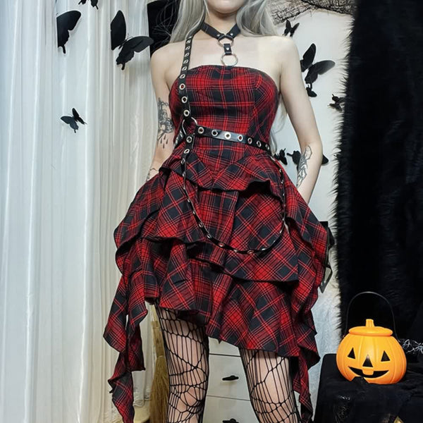 Red Plaid Gothic Punk Asymmetrical Tiered Dress - Vedlit