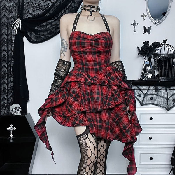 Red Plaid Gothic Punk Halter Asymmetrical Tiered Dress - Vedlit