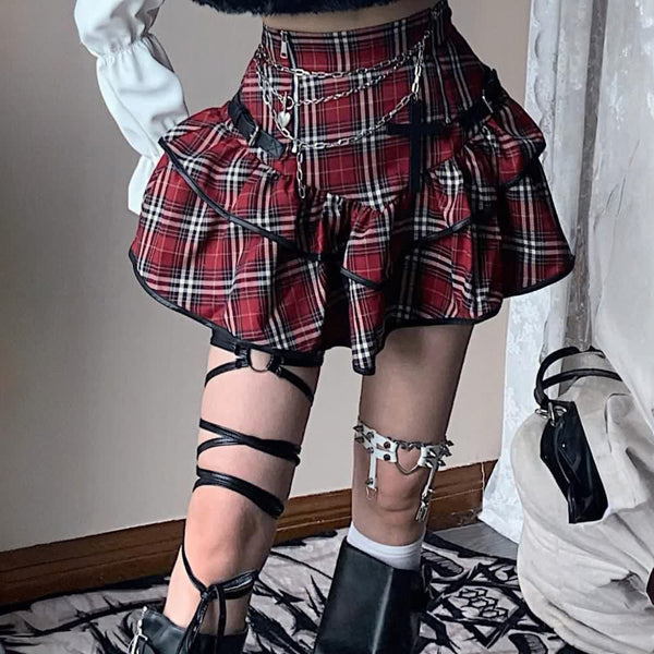 Red Plaid Gothic Punk Tiered Mini Skirt - Vedlit