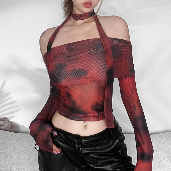 Red Tie Dye Y2K Bardot Long Sleeve Crop Top - Vedlit