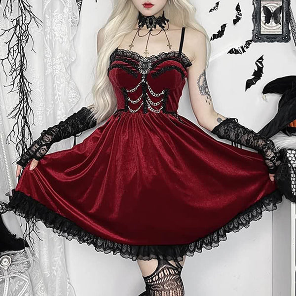 Red Velvet Vampire Gothic Lolita Mini Dress - Vedlit