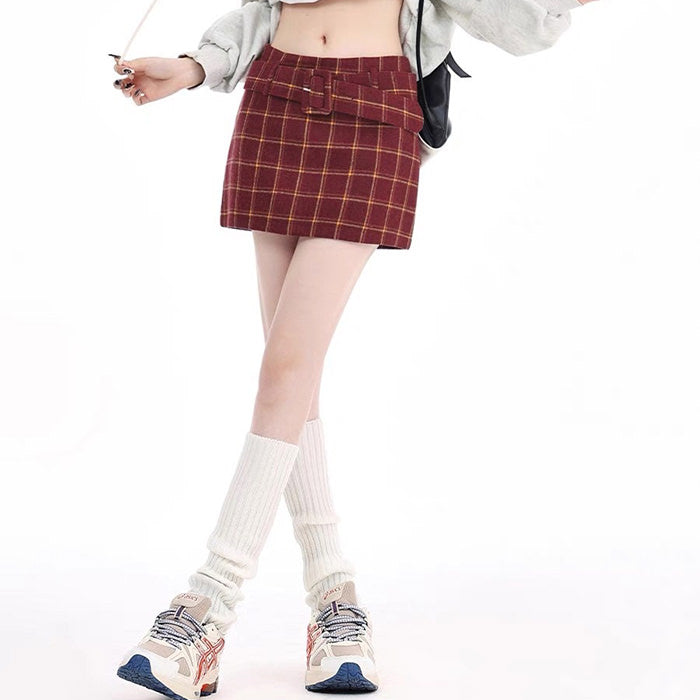 Pop Of Red Plaid Skirt - Vedlit