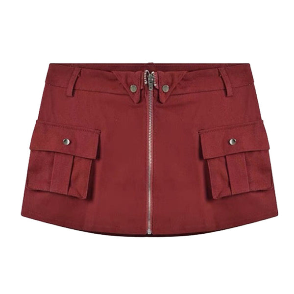 Wine Red Zip Front Mini Skirt - Vedlit