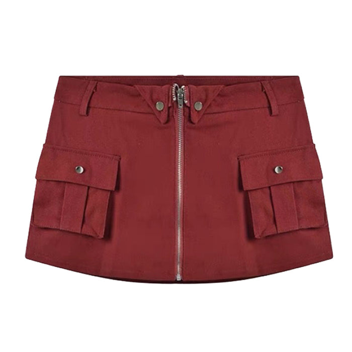Wine Red Zip Front Mini Skirt - Vedlit