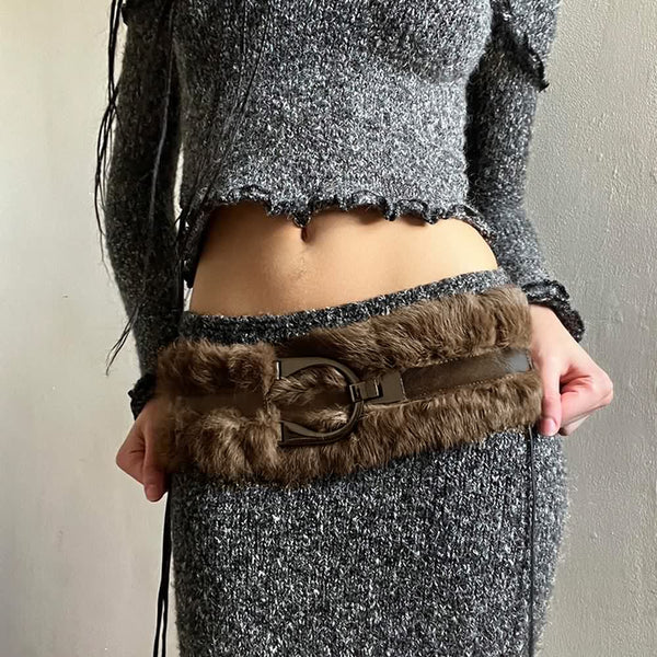 Retro Faux Fur Leather Buckle Belt - Vedlit