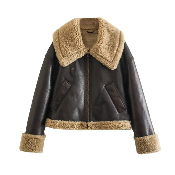 Cropped Faux Fur Lined Biker Jacket - Vedlit