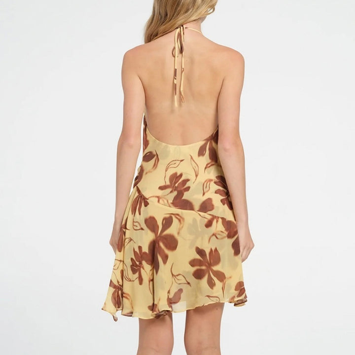 Retro Floral Halter Mini Dress with Open Back - Vedlit