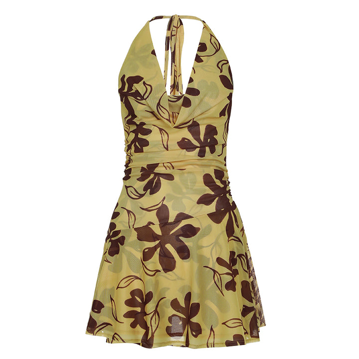 Retro Floral Halter Mini Dress with Open Back - Vedlit