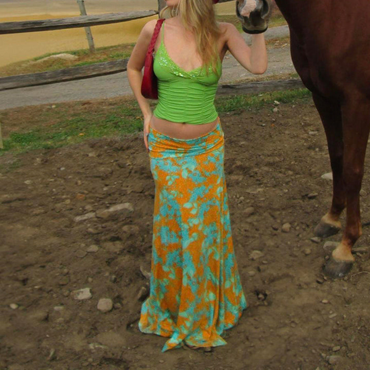 Retro Floral Print Low Waist Maxi Skirt - Vedlit