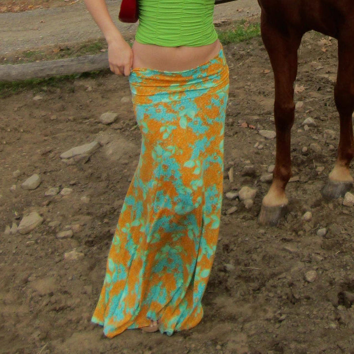 Retro Floral Print Low Waist Maxi Skirt - Vedlit