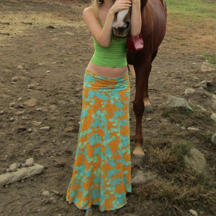 Retro Floral Print Low Waist Maxi Skirt - Vedlit