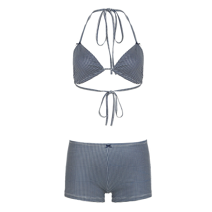Retro Gingham Triangle Bikini with High-Waist Shorts Set - Vedlit