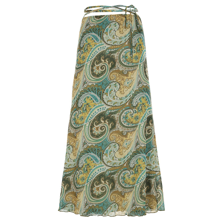 Retro Paisley Print Tie-Waist Midi Skirt Boho Chic Style - Vedlit